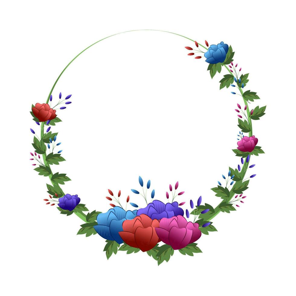 glänzend bunt Blumen, Blütenblätter und Grün verlassen, Blumen- Rahmen Design zum Einladungen, Schöne Grüße und Hochzeiten Karten mit Text Raum zum Ihre Botschaft. gradant Wirkung. vektor