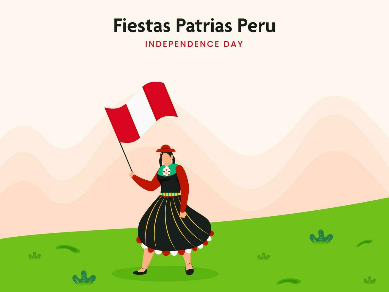 Feste patrias Peru Unabhängigkeit Tag Konzept, peruanisch Frau tragen traditionell Kleid mit gehalten National Flagge auf Pfirsich und Grün Hintergrund. vektor