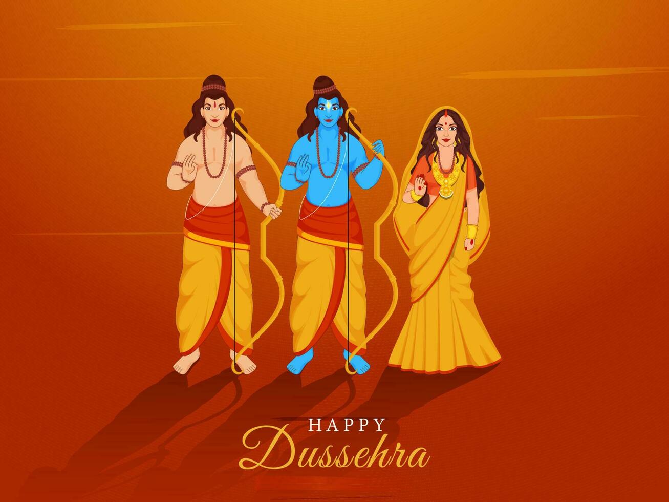 Lycklig Dussehra begrepp med hindu mytologi herre rama, hans fru sita, liten bror lakshman mot orange bakgrund. vektor