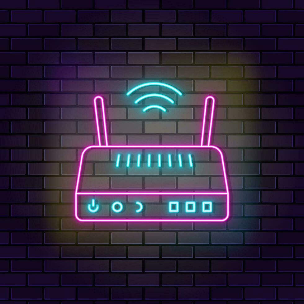 Internet, Router, W-lan Neon- Symbol Backstein Mauer und dunkel Hintergrund. vektor