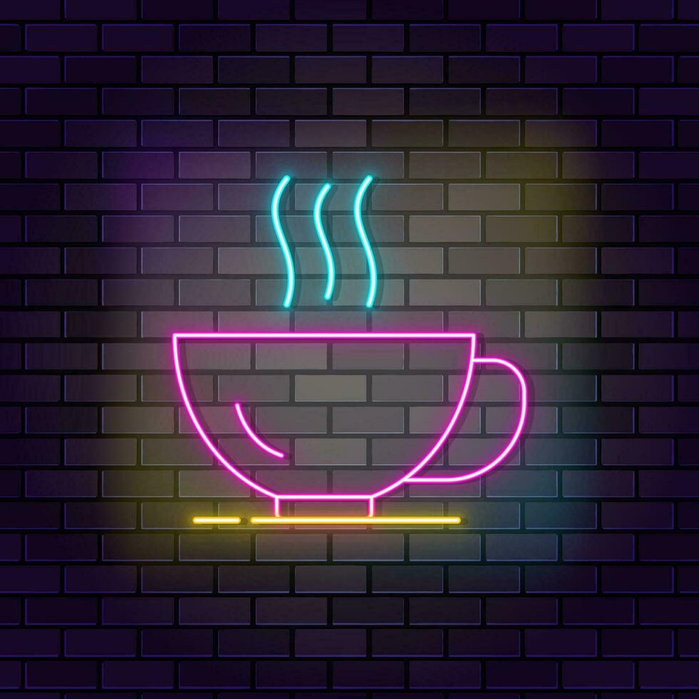 Kaffee, Essen Neon- Symbol Backstein Mauer und dunkel Hintergrund. vektor