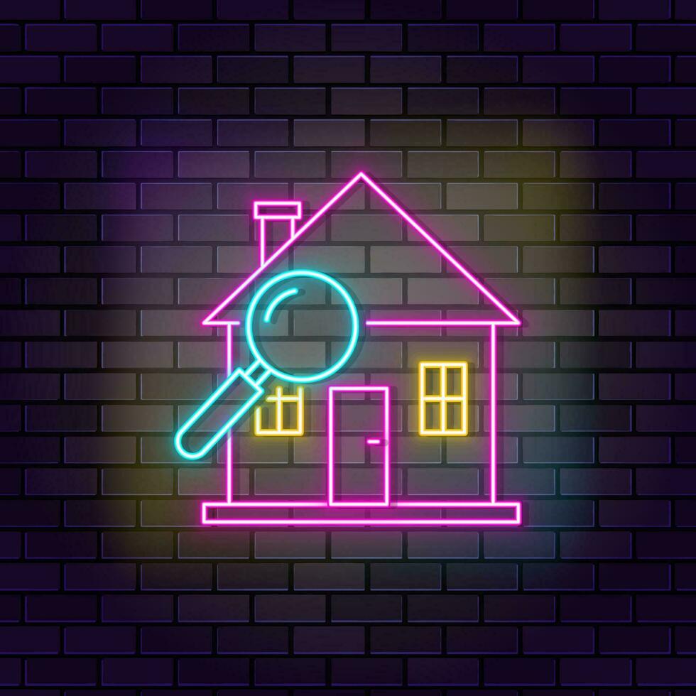 egendom, hus, inspektion neon ikon tegel vägg och mörk bakgrund. vektor