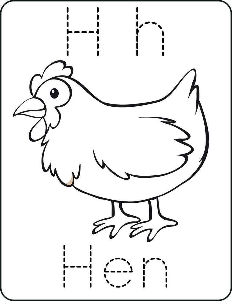 Brief hh Großbuchstaben und Kleinbuchstaben, süß Kinder Färbung ein Henne, ABC Alphabet Rückverfolgung trainieren Arbeitsblatt von ein Henne zum Kinder Lernen Englisch Wortschatz, und Handschrift Vektor Illustration