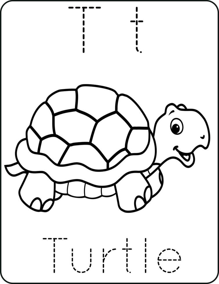 Brief tt Großbuchstaben und Kleinbuchstaben, süß Kinder Färbung ein Schildkröte, ABC Alphabet Rückverfolgung trainieren Arbeitsblatt von ein Schildkröte zum Kinder Lernen Englisch Wortschatz, und Handschrift Vektor Illustration