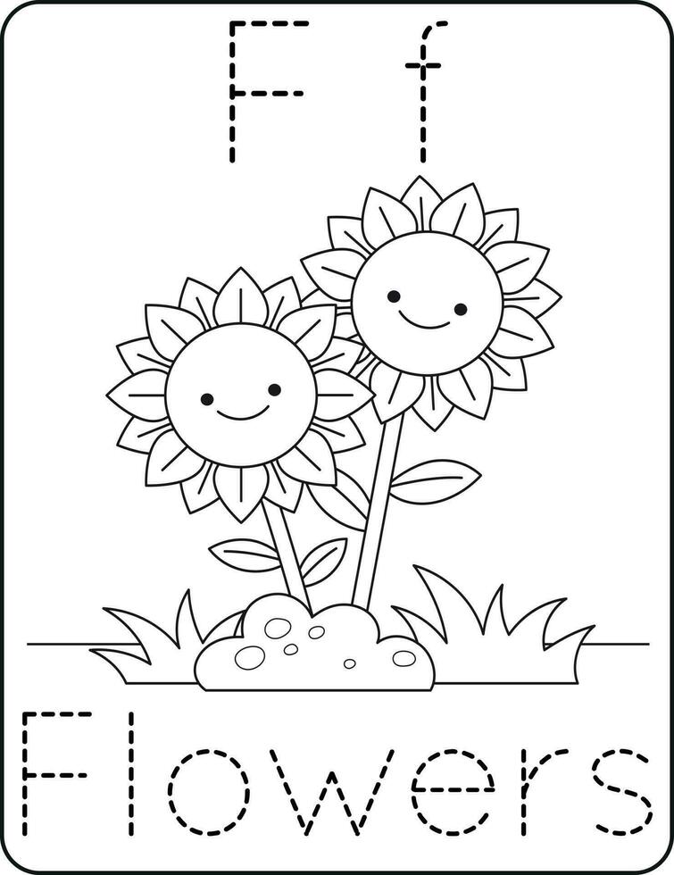 Brief ff, Großbuchstaben und Kleinbuchstaben, süß Kinder Färbung Blumen, ABC Alphabet Rückverfolgung trainieren Arbeitsblatt von Blumen zum Kinder Lernen Englisch Wortschatz, und Handschrift Vektor Illustration