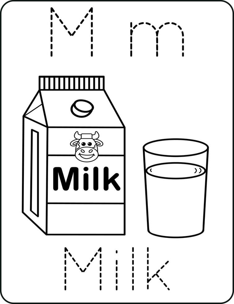 Brief mm Großbuchstaben und Kleinbuchstaben, süß Kinder Färbung Milch, ABC Alphabet Rückverfolgung trainieren Arbeitsblatt von Milch zum Kinder Lernen Englisch Wortschatz, und Handschrift Vektor Illustration