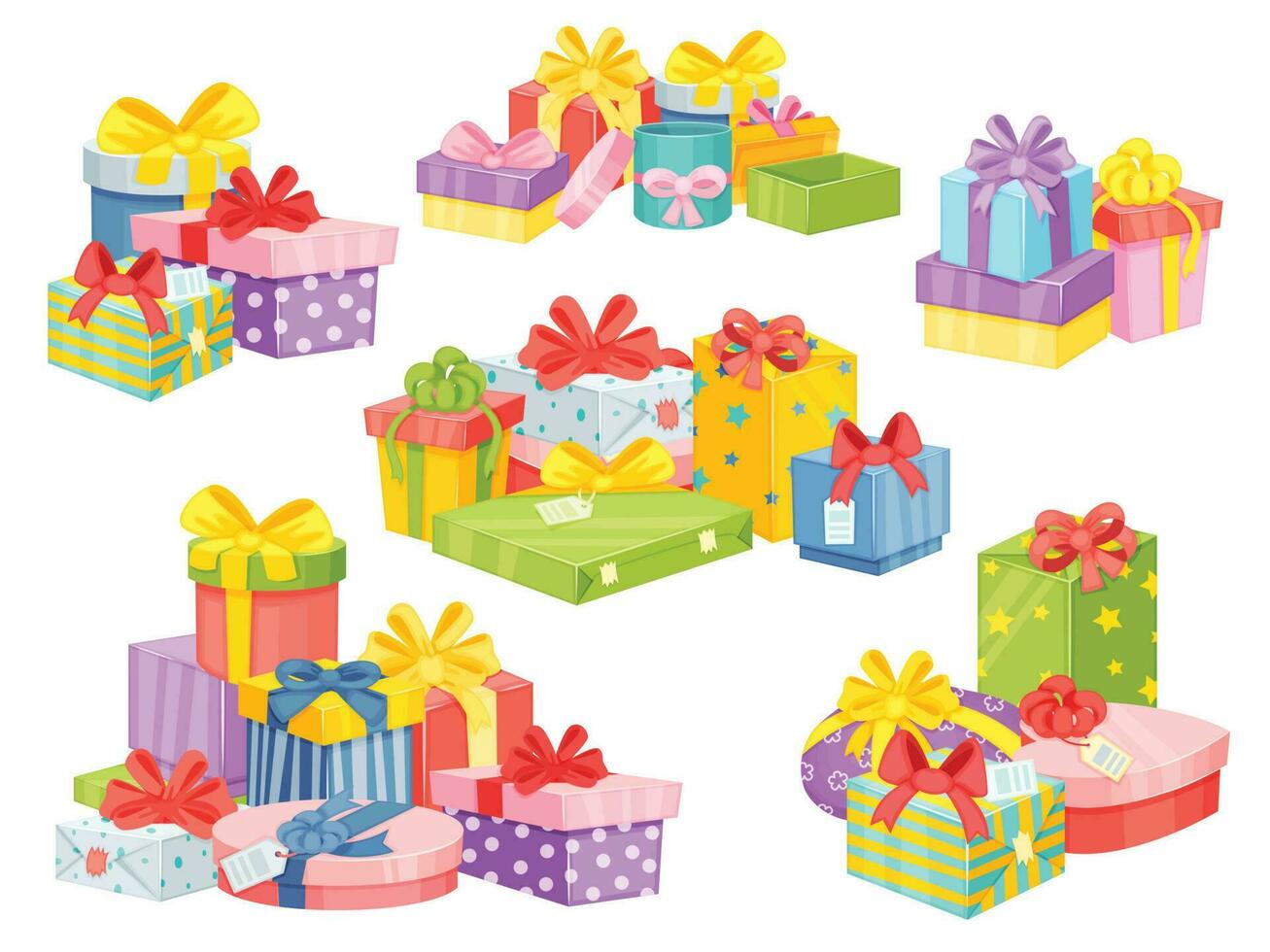 Weihnachten die Geschenke Haufen, Geburtstag Geschenk Box Stapel. Karikatur Berge von Geschenke Kisten, Stapel von eingewickelt Geschenk Pakete mit Bänder Vektor einstellen