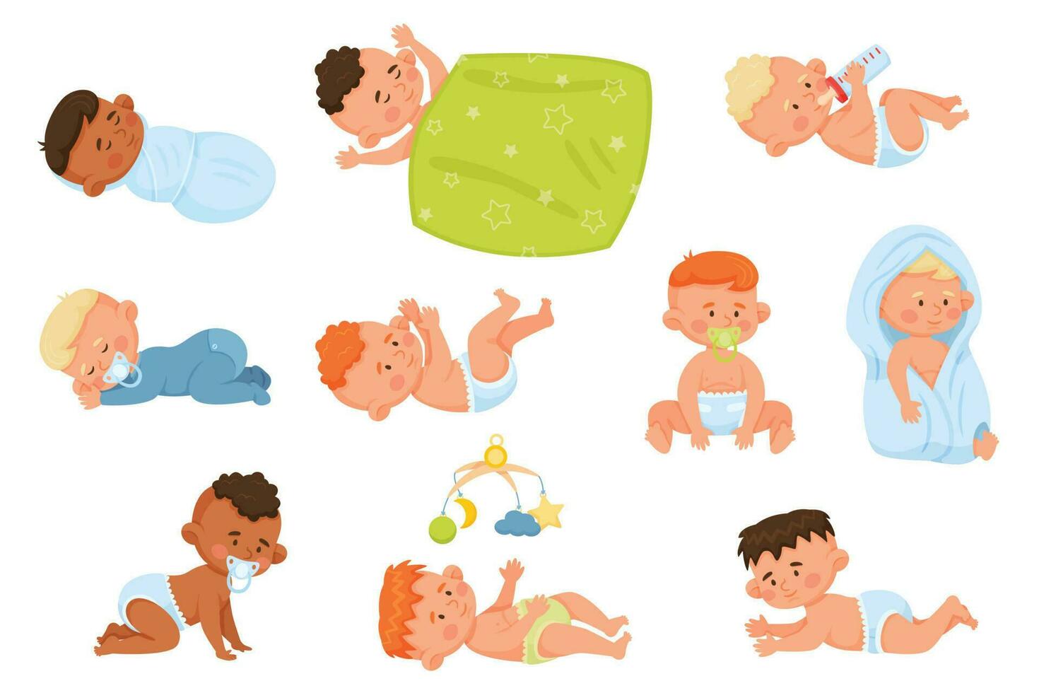 Karikatur Babys, süß Neugeborene Kleinkinder, glücklich Kleinkinder. Baby Jungs und Mädchen Zeichen im Windeln Trinken Milch kriechen oder Schlafen Vektor einstellen