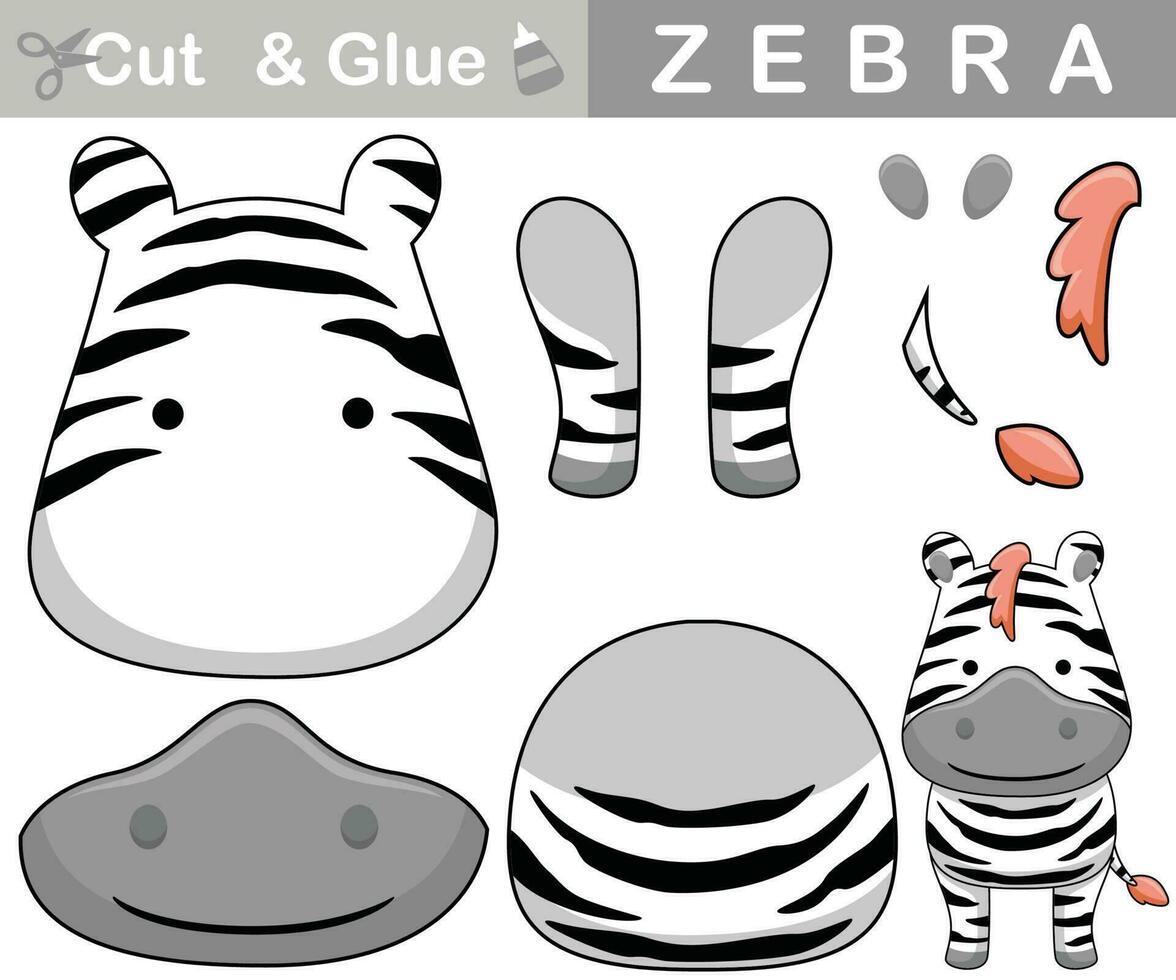 leende rolig zebra tecknad serie. utbildning papper spel för barn. Skära ut och limning. vektor tecknad serie illustration