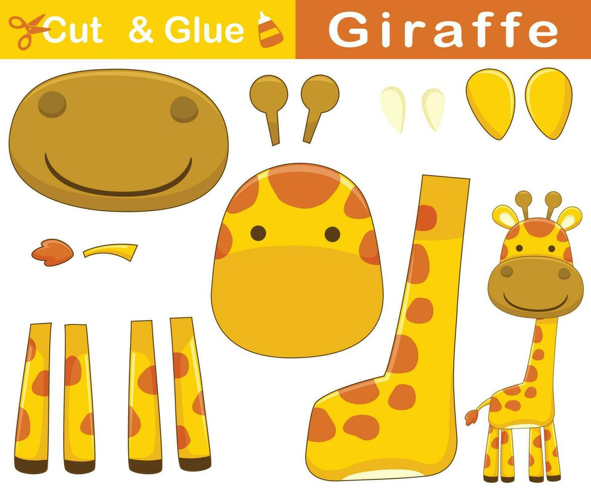 komisch lächelnd Giraffe. Bildung Papier Spiel zum Kinder. ausgeschnitten und Kleben. Vektor Karikatur Illustration