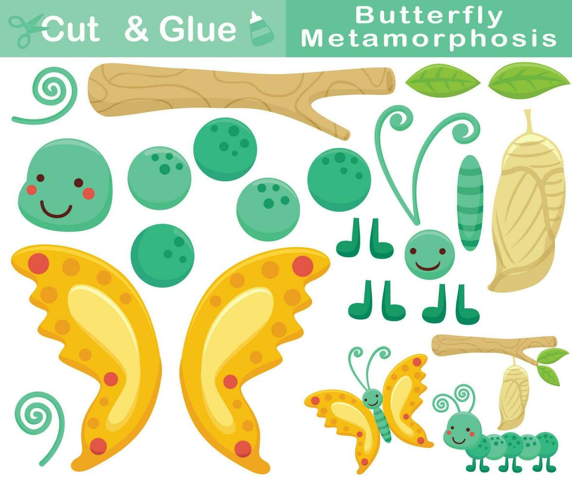 fjäril metamorfos tecknad serie. utbildning papper spel för barn. Skära ut och limning. vektor tecknad serie illustration