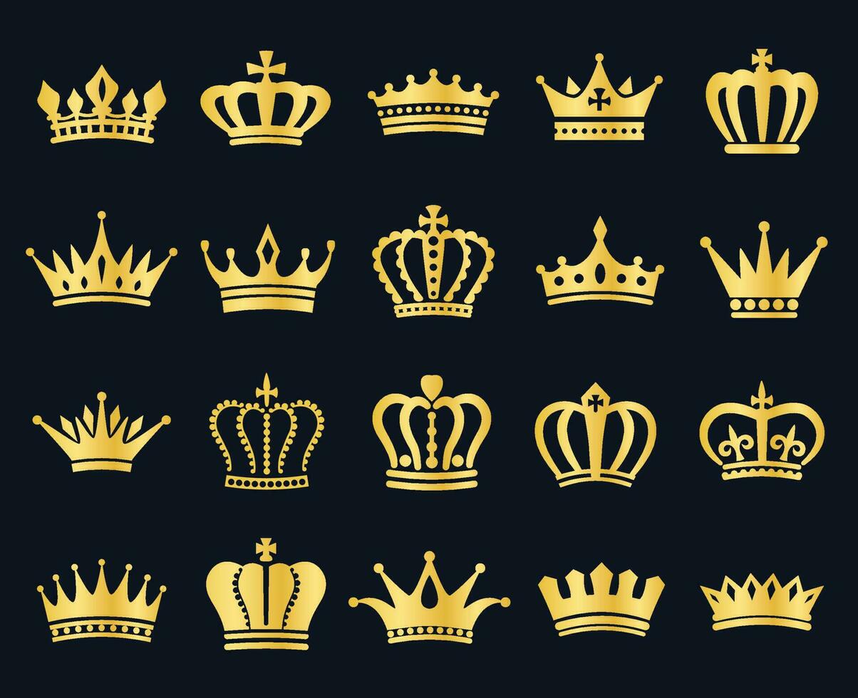 kunglig guld kung kronor ikon silhuett, heraldisk krona element. årgång royalty symbol, gyllene drottning diadem, prinsessa tiara vektor ikon uppsättning