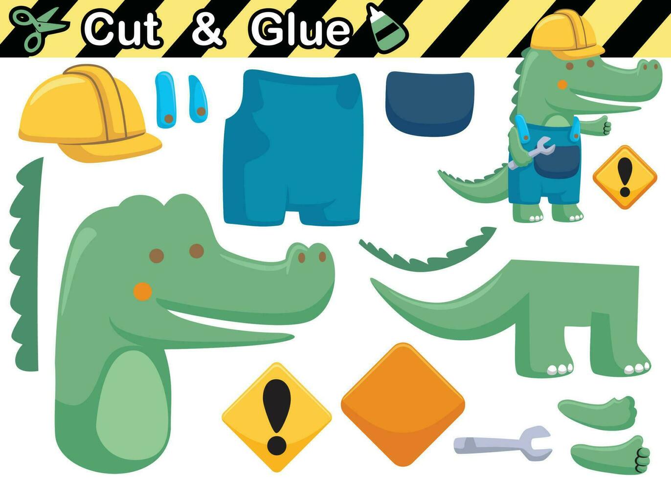 Krokodil im Arbeiter Kostüm mit Affe Schlüssel. Bildung Papier Spiel zum Kinder. ausgeschnitten und Kleben. Vektor Karikatur Illustration