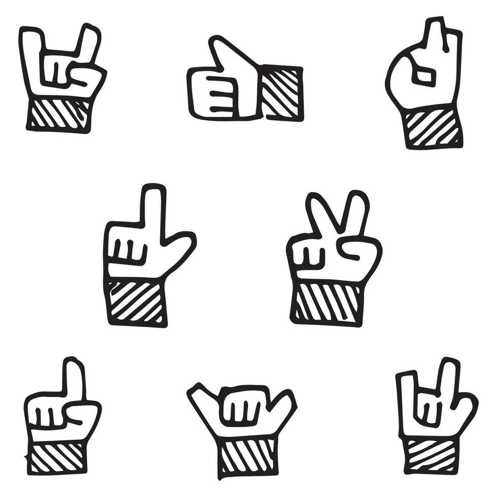Vektor Illustration von Hand Bewegungen Symbole Satz. Bewegungen eine solche wie Zeichen OK, cool und Frieden, Handgriffe, Bitte, Punkte zu links, Rechts, gekreuzt Finger, Faust, geöffnet Palmen. Hand gezeichnet Gekritzel Stil.
