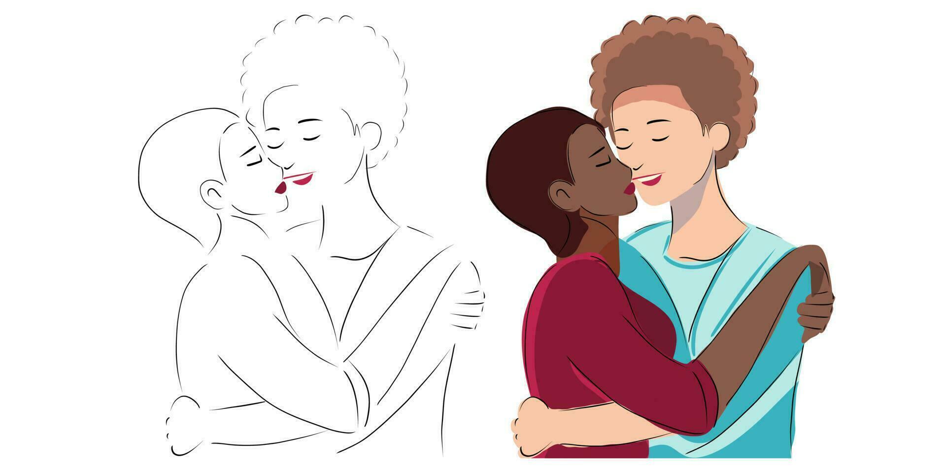 lesbisk par platt design illustration. porträtt av två skön flickor i ett intim abstraktion. interacial kvinnor med romantisk samma sex partner är flirta, kramar, kyssar. lgbtq kärlek vektor