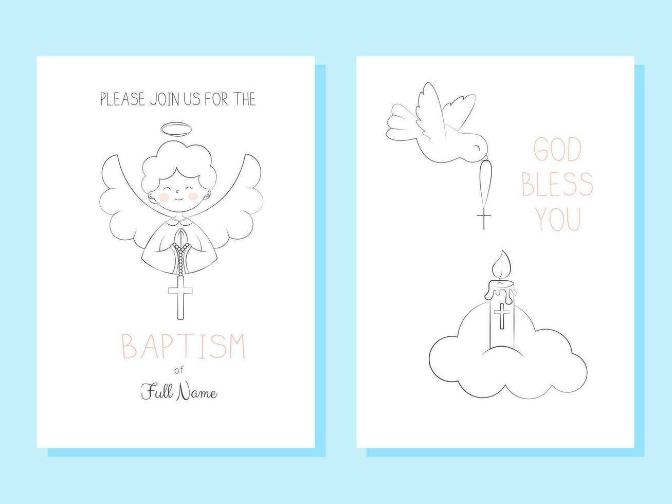 einstellen von Vorlagen Einladungen zum Taufe Tag süß Engel Junge hält ein Kreuz und Taube Frieden mit Kreuz einfach Gekritzel Vektor Illustration