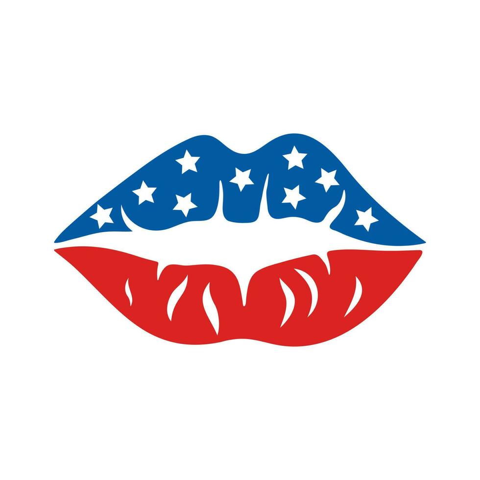 amerikanisch Flagge Farbe Lippen, einfach Vektor Symbol. hell Blau Rot Kuss mit Weiß Sterne. USA Unabhängigkeit Tag, Juli 4. traditionell National Urlaub. eben Karikatur Clip Art zum Karten, Poster, drucken, Netz