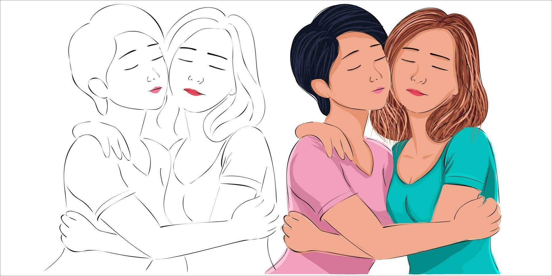 asiatisch europäisch Lesben Paar eben Design Illustration. Porträt von zwei schön Mädchen im ein intim Abstraktion. interacial Frauen mit romantisch gleich Sex Partner sind flirten, umarmen, küssen. lgbt vektor