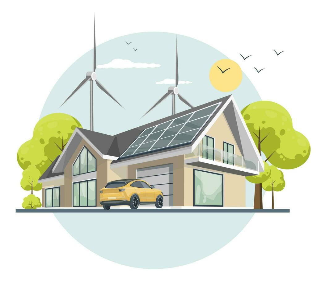 Hem alternativ electryciti. illustration av en modern hus. sol- paneler på de tak Land hus och vind turbiner på natur bakgrund. elektrisk bil nära de hus. vektor