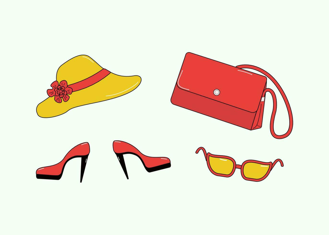 Sommer- Zubehör. Hut, Tasche und Schuhe. Damen Schuhe. Vektor Illustration, doodle.sonnenbrille. Strand Urlaube.