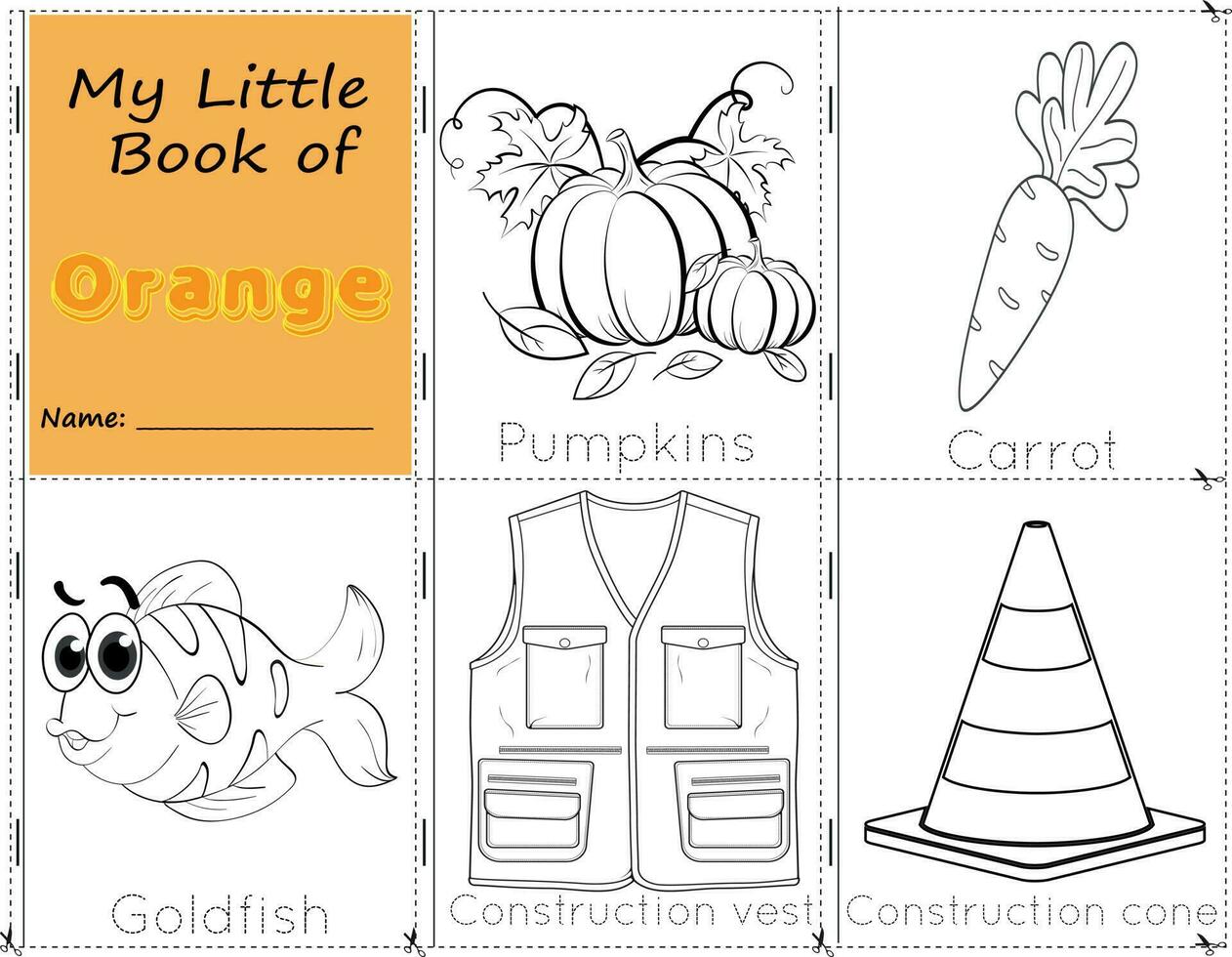 min liten bok av orange Färg objekt orange till måla dem som de är i verklig liv. utbildning kalkylblad för barn.pumpa, morot, guldfisk, väst, och kon vektor