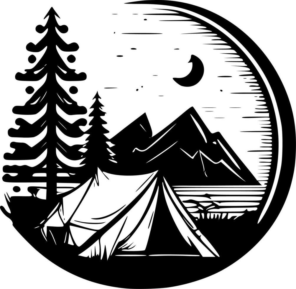 Camping - - schwarz und Weiß isoliert Symbol - - Vektor Illustration