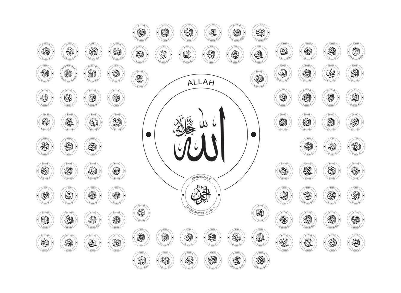 Allah Namen, Allah, Namen von Allah, Islam, Namen, Allahu Akbar, neunzig neun Namen von Allah, islamisch Erinnerungen, islamisch Zitate, Kalligraphie Kunst, islamisch, Namen von Gott, islamisch Kunst vektor