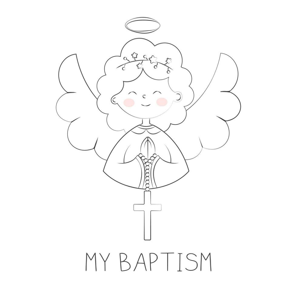 ein süß Engel Mädchen hält ein Kreuz Einladung Karte zum Taufe Tag getauft und gesegnet einfach Gekritzel Vektor Illustration