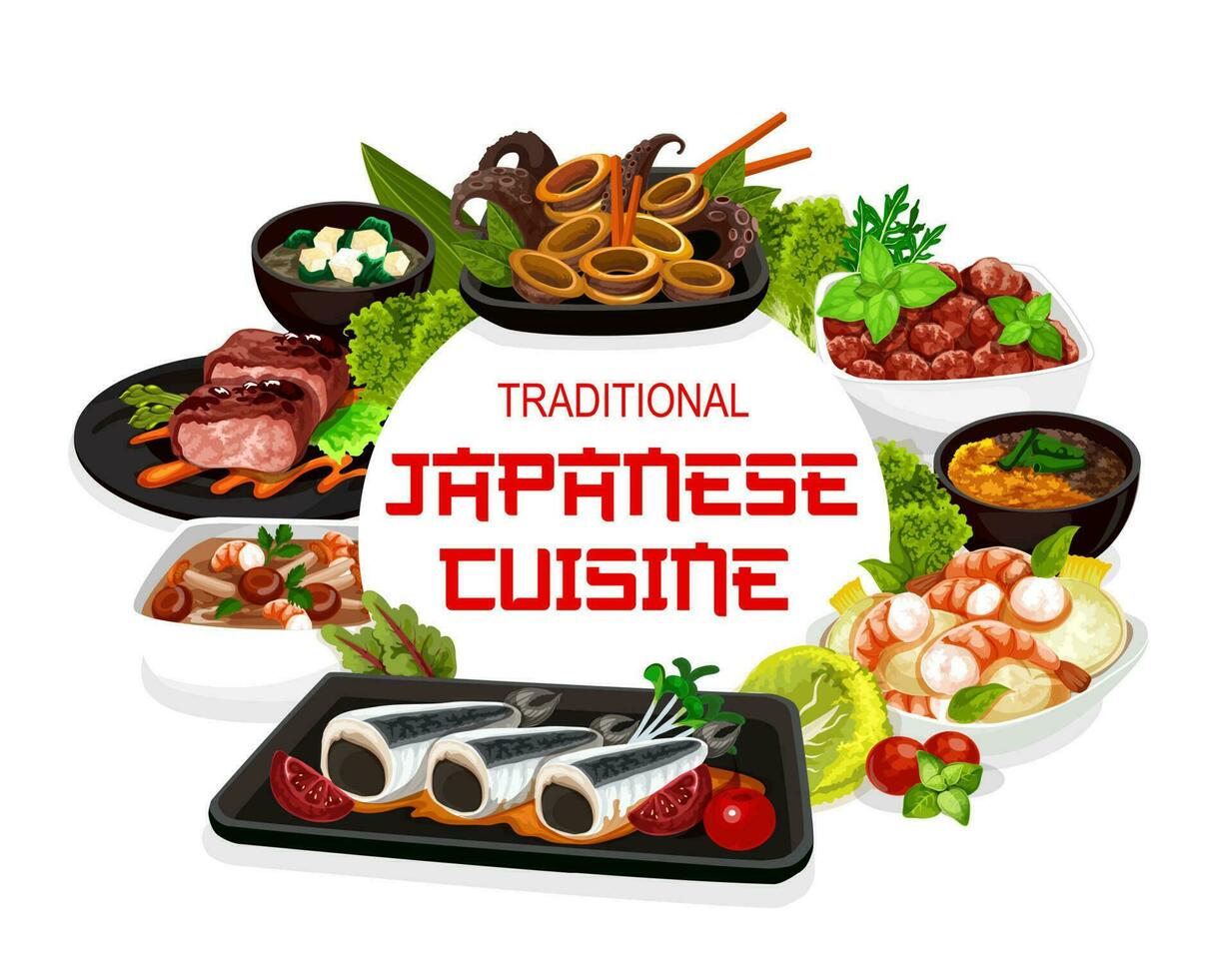 japanisch Küche National Essen Geschirr und Mahlzeiten vektor