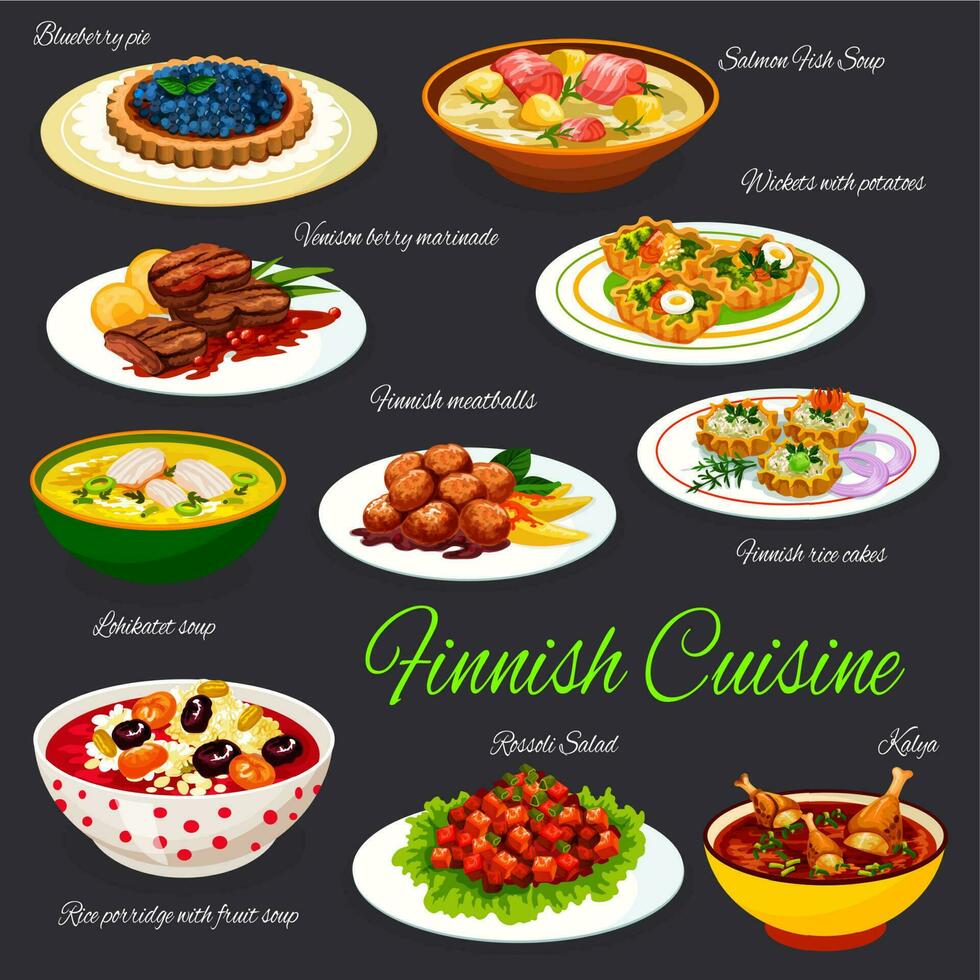 finnisch Küche Mahlzeiten, traditionell Speisekarte Geschirr vektor