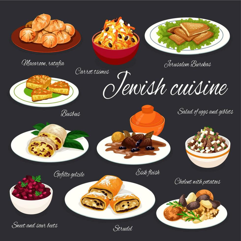 jüdisch Küche Fleisch Gemüse Essen mit Dessert vektor