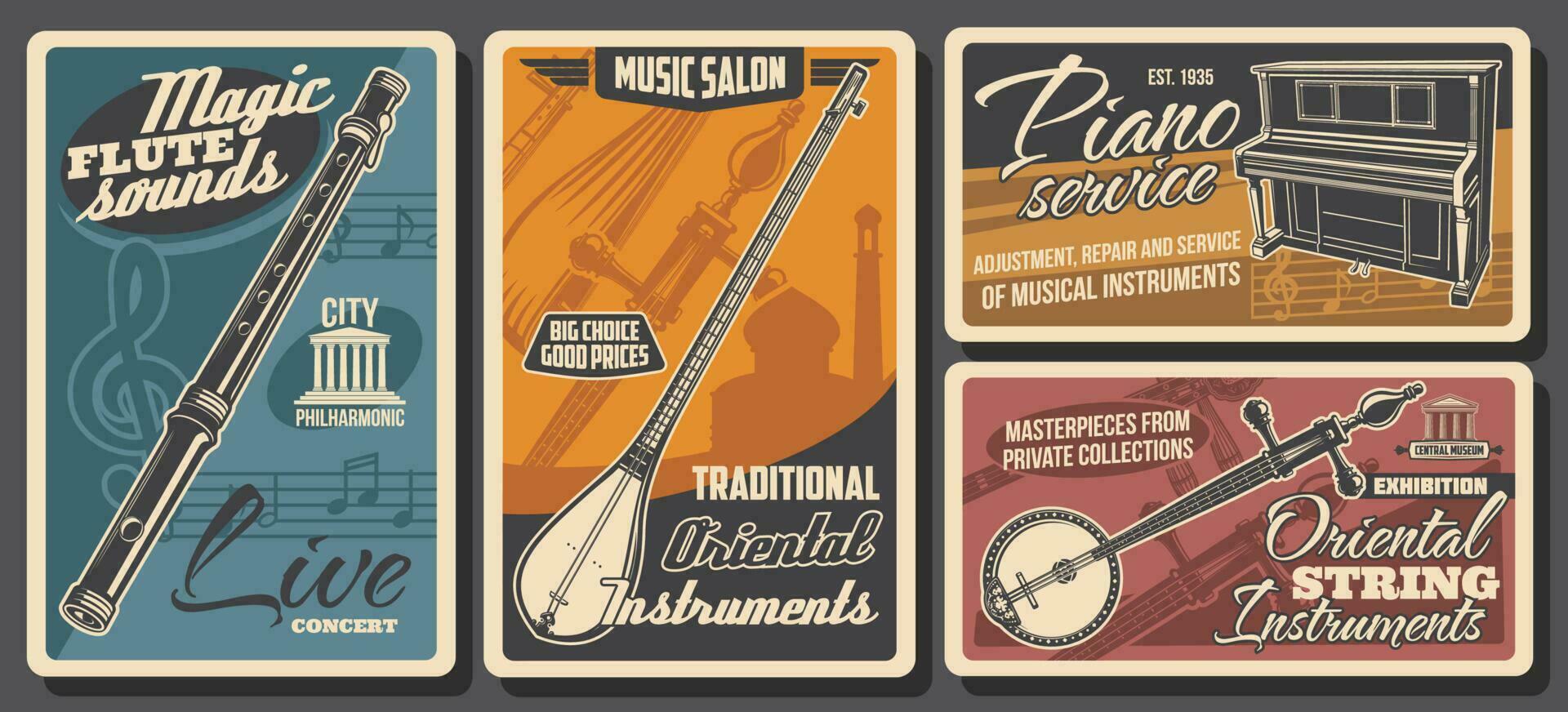 Musik- Instrumente, Musical Geschäft retro Plakate vektor