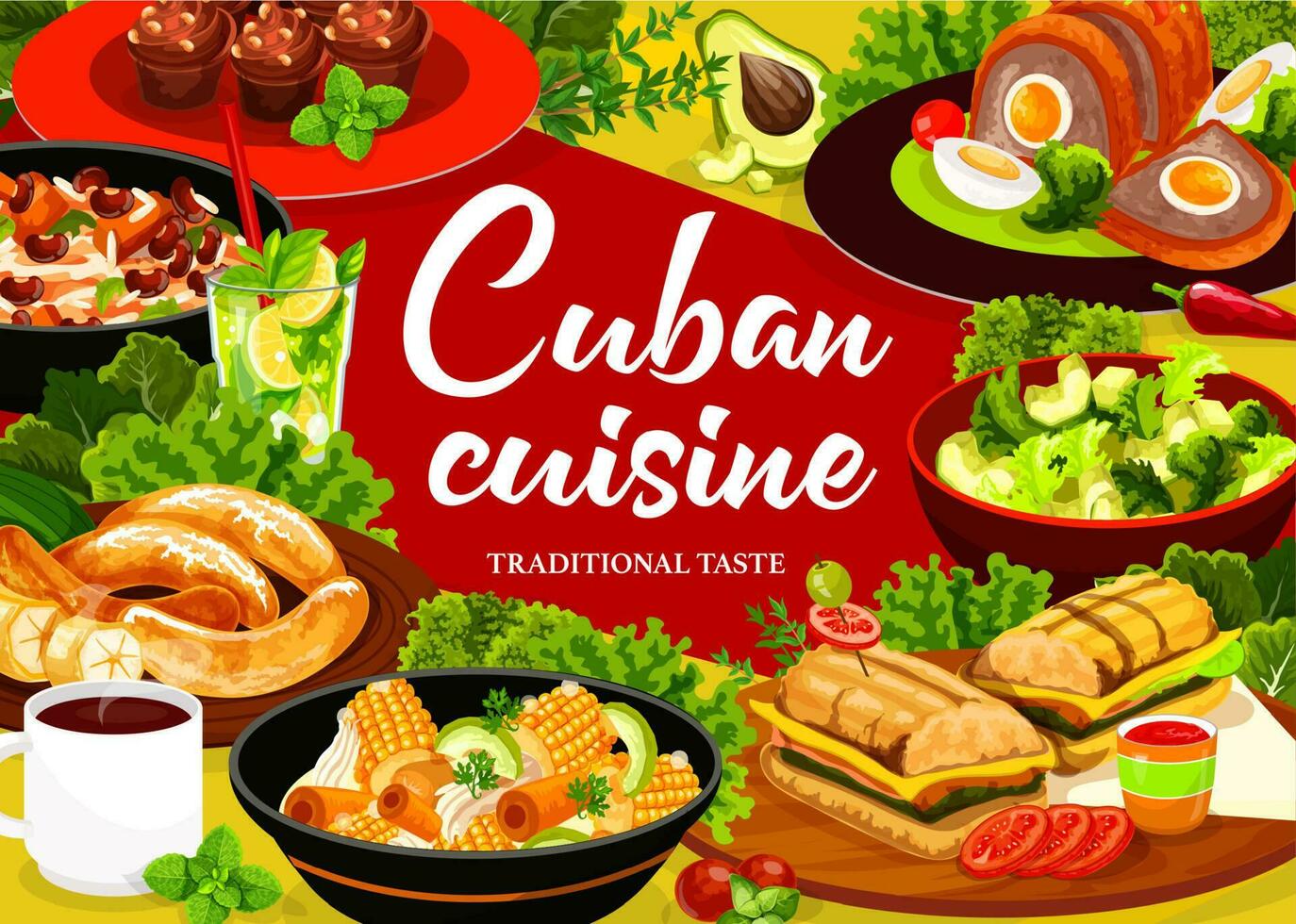 kubanisch Küche Restaurant Mahlzeiten Speisekarte Vektor Poster