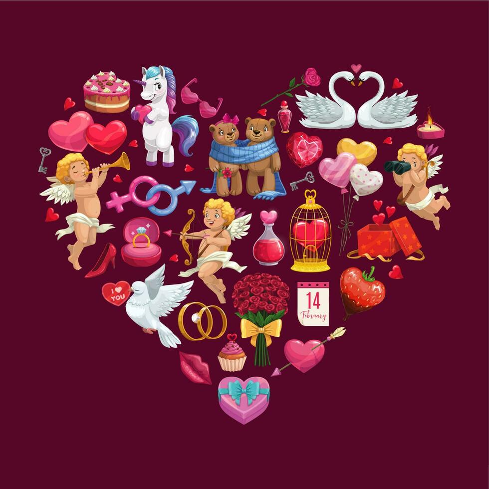Valentinsgrüße Tag Geschenke, Amoretten, Symbole Herz vektor
