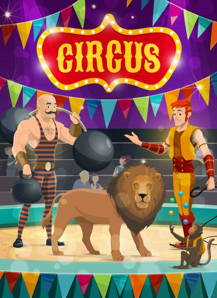 cirkus vektor affisch artister stark man, djurtämjare