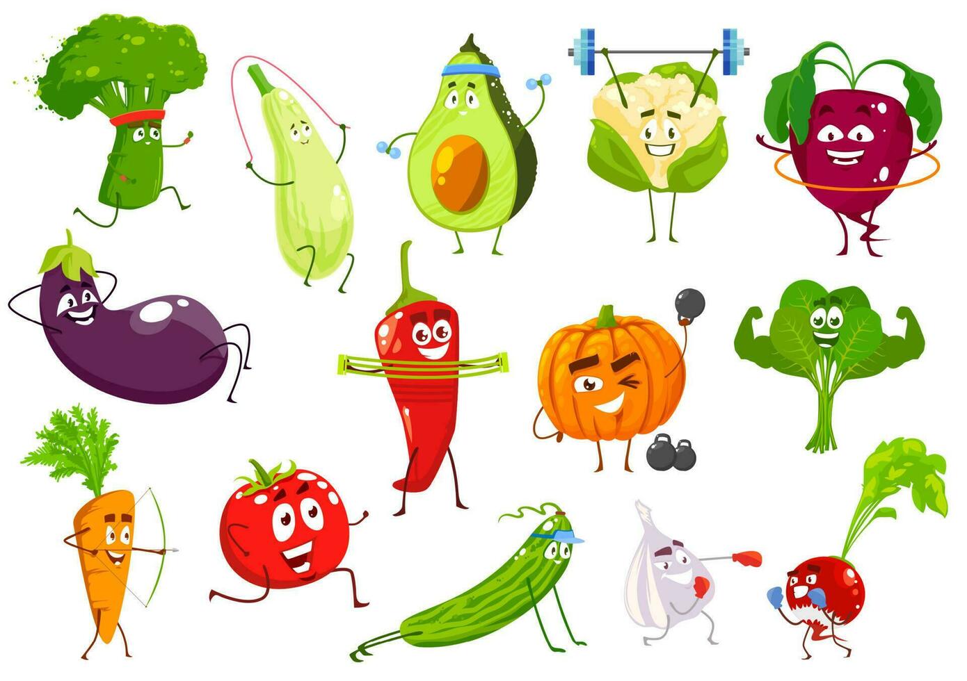 grönsaker idrottsmän, vektor tecknad serie grönsaker uppsättning