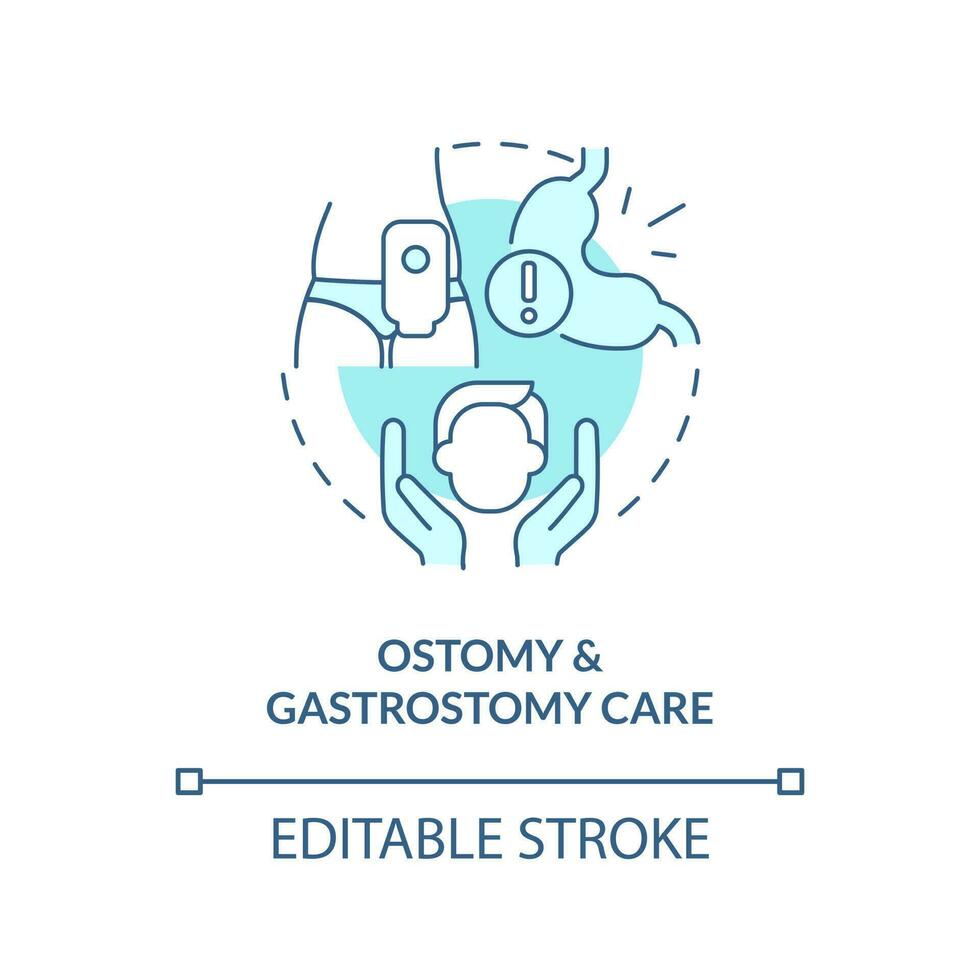 Stoma und Gastrostomie Pflege Blau Konzept Symbol. Privat Pflicht Pflege- Pflege abstrakt Idee dünn Linie Illustration. isoliert Gliederung Zeichnung. editierbar Schlaganfall vektor