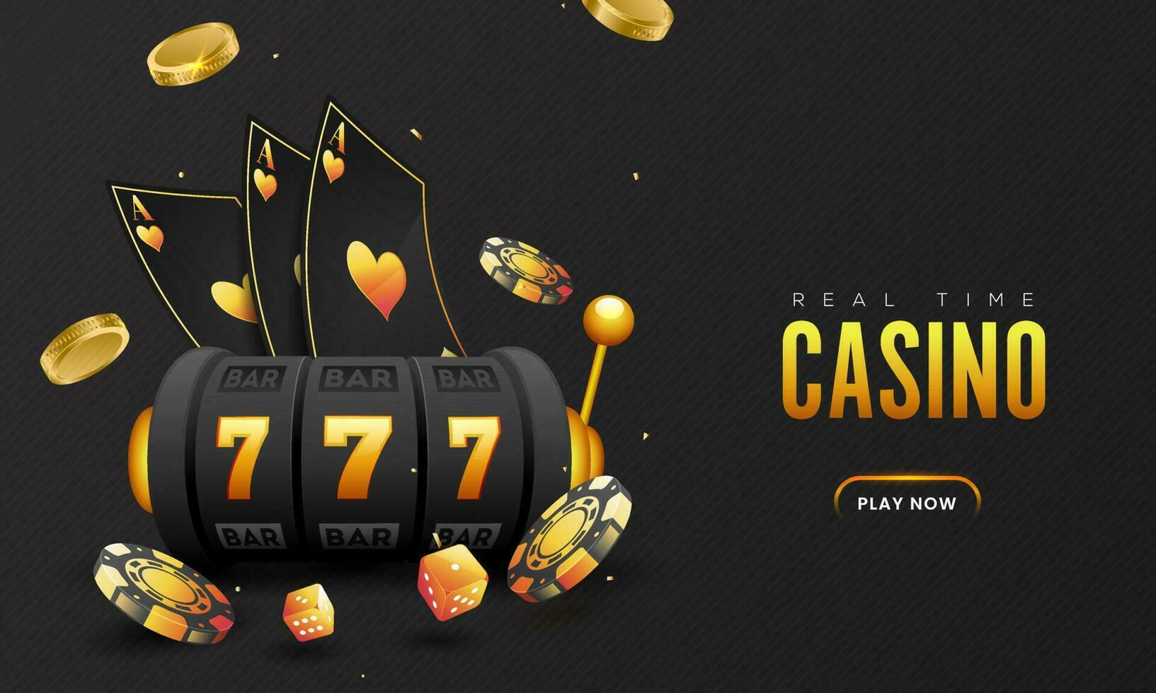 Kasino Zeit Banner Design mit 3d Slot Maschine, As Karten, Würfel, Poker Chips und golden Münzen auf schwarz Hintergrund. vektor