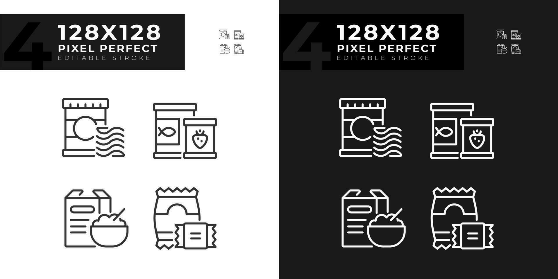 verpackt Produkte Pixel perfekt linear Symbole einstellen zum dunkel, Licht Modus. gekocht Mahlzeit. Supermarkt Nahrungsmittelservice. dünn Linie Symbole zum Nacht, Tag Thema. isoliert Illustrationen. editierbar Schlaganfall vektor