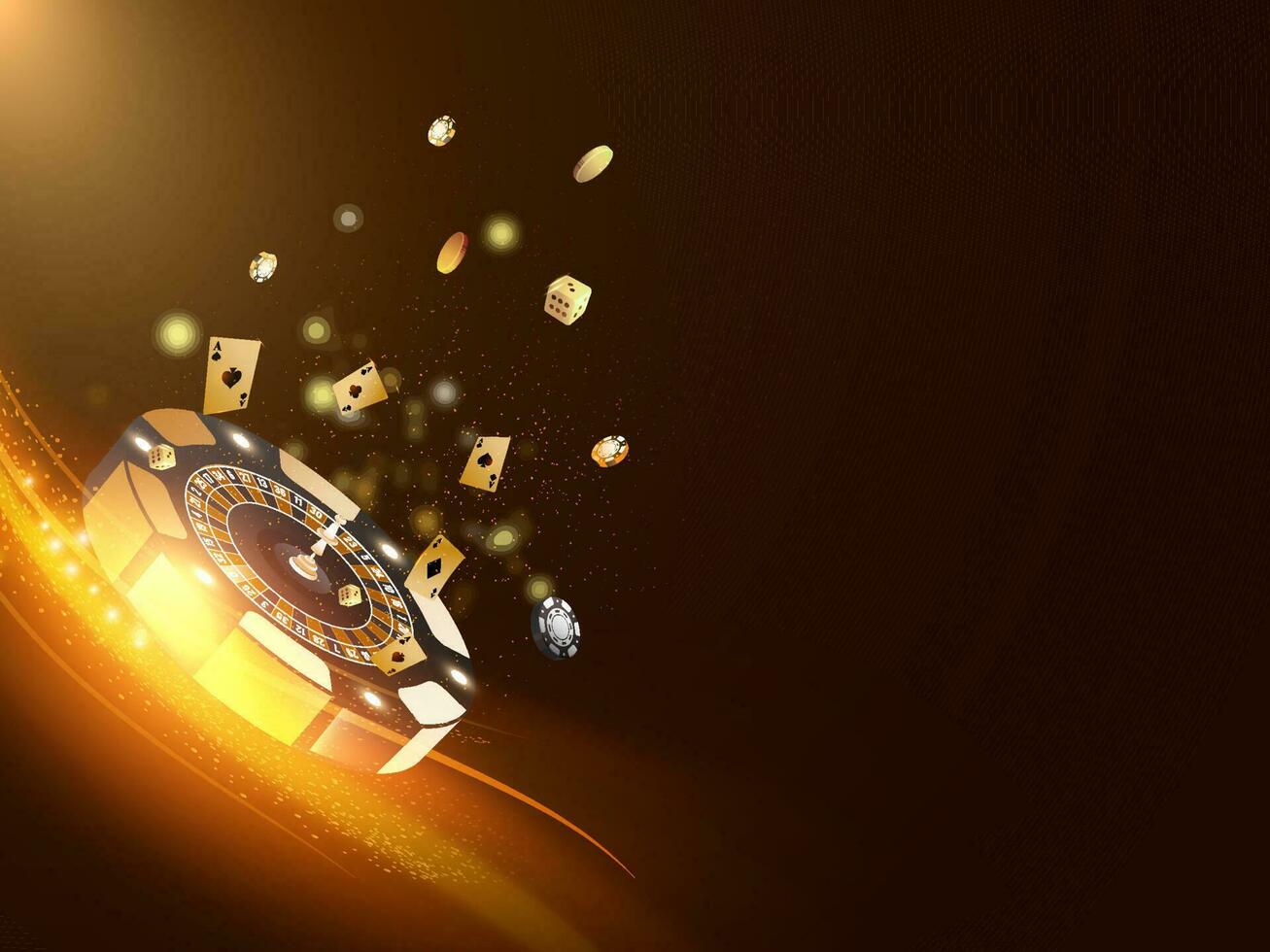 3d Roulette Rad Innerhalb Poker Chip mit fliegend As Karten, Würfel, golden Münzen und Licht bewirken auf braun Hintergrund. vektor