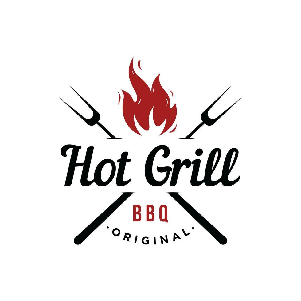 bbq varm grill årgång typografi logotyp design med korsade lågor och spatel. logotyp för restaurang, märke, café och bar. vektor