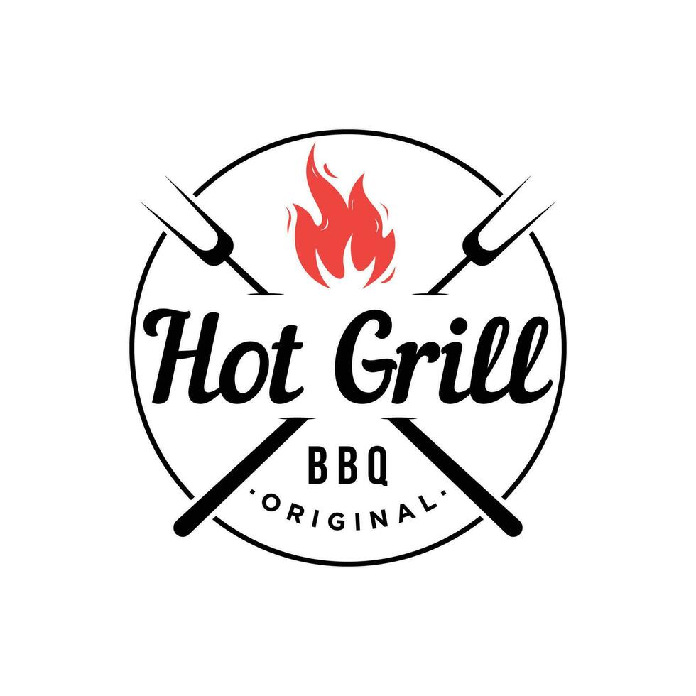 bbq varm grill årgång typografi logotyp design med korsade lågor och spatel. logotyp för restaurang, märke, café och bar. vektor