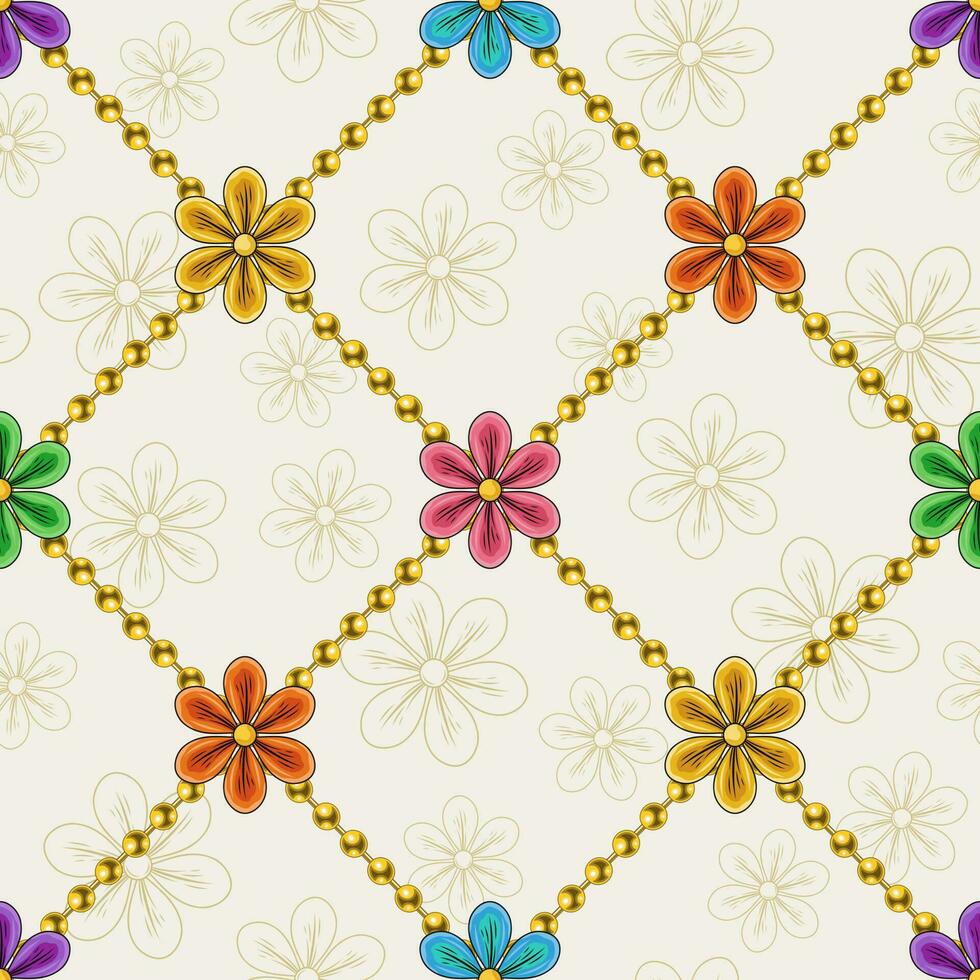 mönsterlöst sömlöst mönster med kamomill blommor, pärlor. fyrkant geometrisk rutnät. fredlig, positiv bakgrund i häftig, hippie stil. för grafik, Kläder, t skjorta, yta design. retro stil vektor