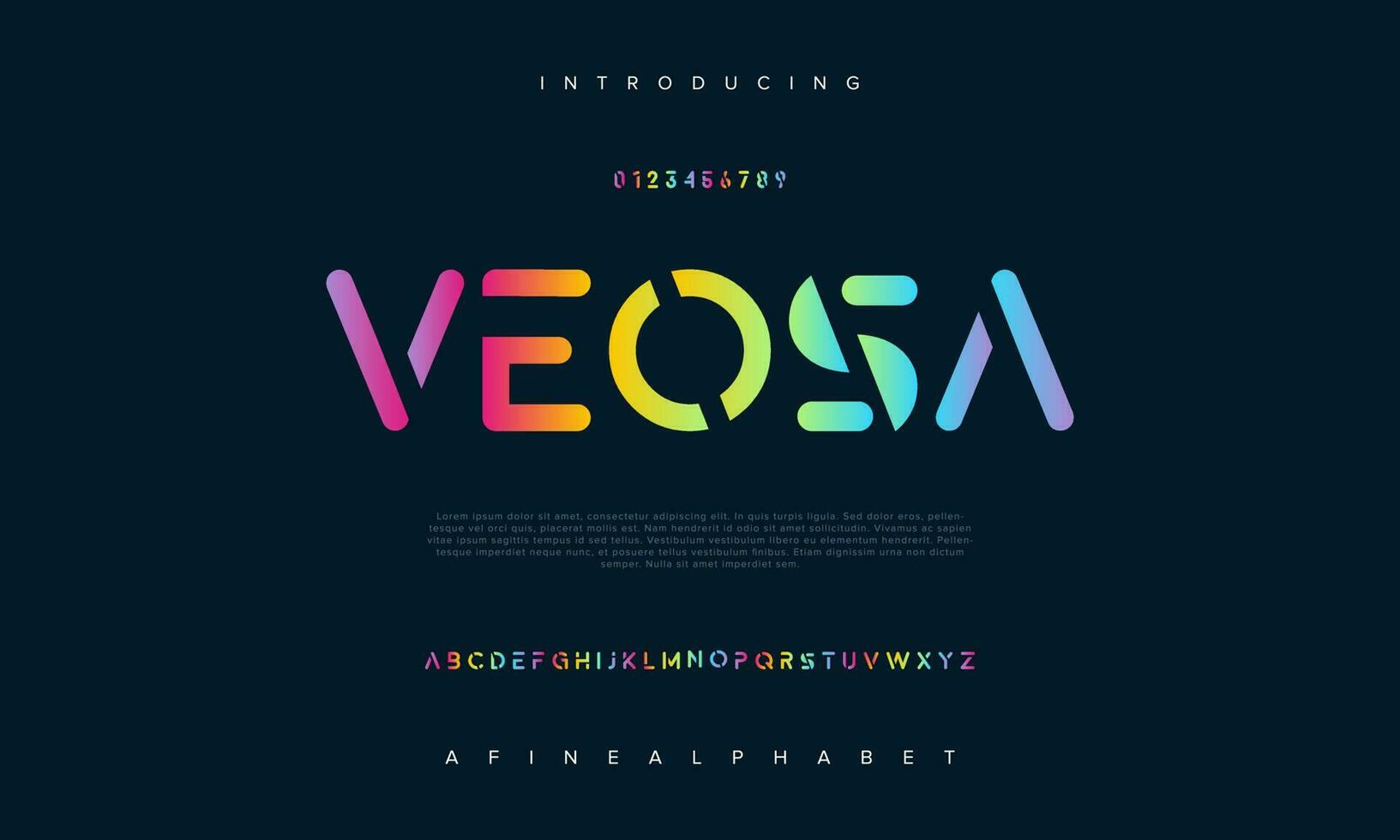 Veosa abstrakt Digital Technologie Logo Schriftart Alphabet. minimal modern städtisch Schriftarten zum Logo, Marke usw. Typografie Schrift Großbuchstaben Kleinbuchstaben und Nummer. Vektor Illustration