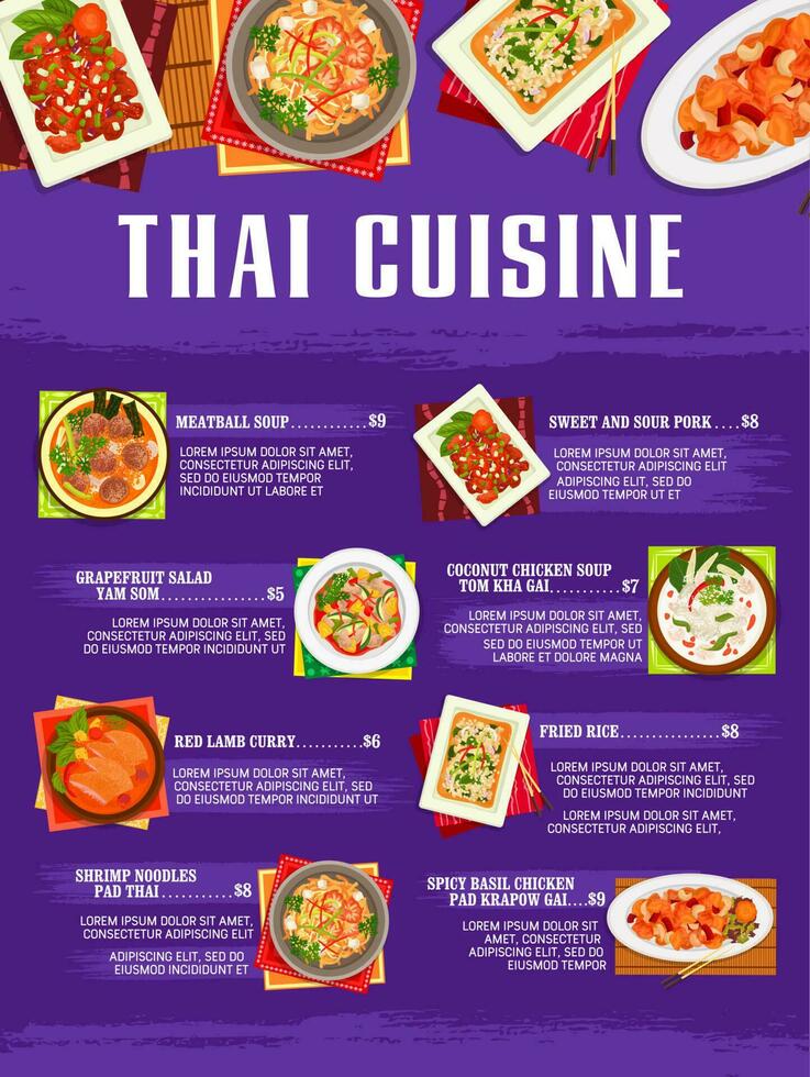 thailändisch Essen Restaurant Speisekarte Startseite Vektor Vorlage