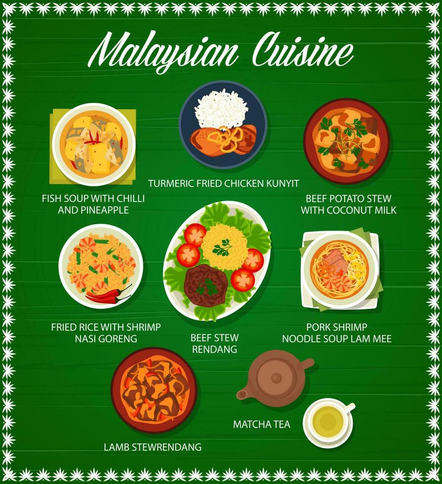 malaysiska kök mat meny, asiatisk maträtter, måltider vektor
