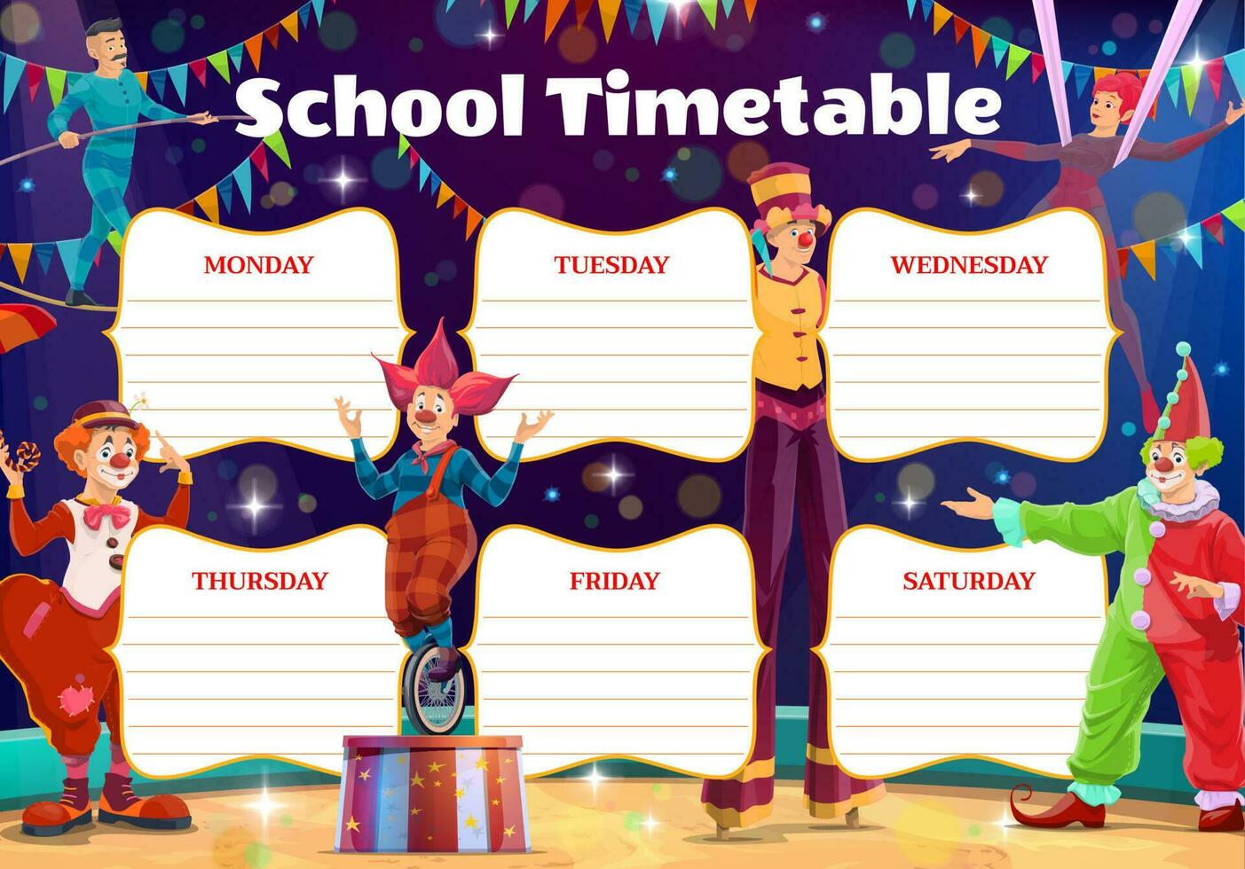 Schule Zeitplan mit Zirkus Clowns und Darsteller vektor