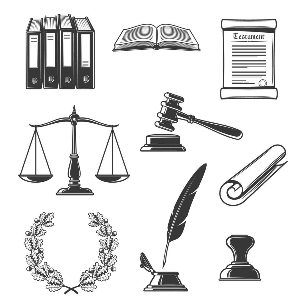 Notar, Gerechtigkeit und Gericht Behörde Symbole vektor