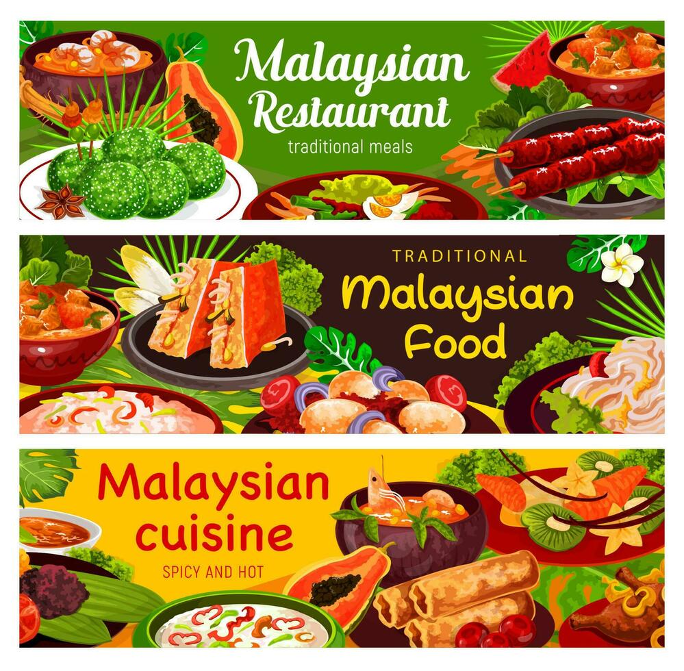 malaysiska kök mat banderoller, asiatisk måltid maträtter vektor