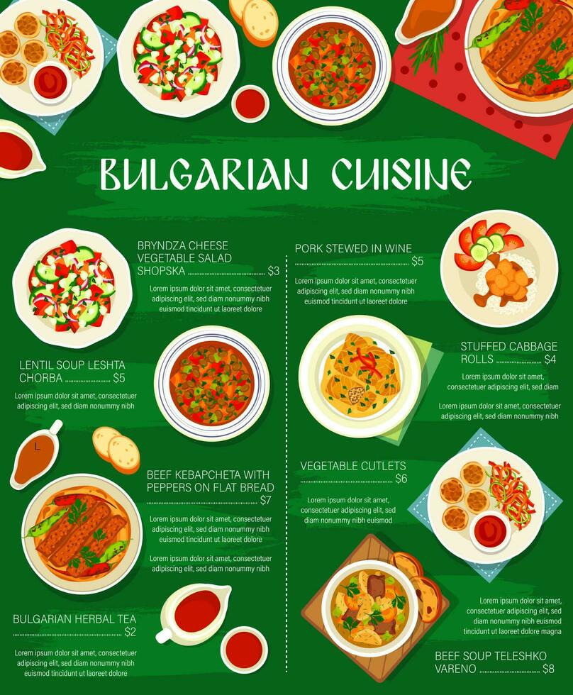 bulgarisch Küche Gericht Speisekarte Poster, Bulgarien Essen vektor